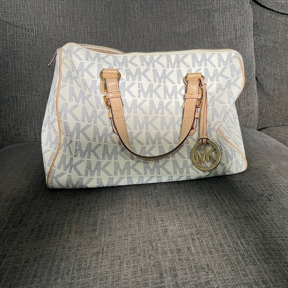 Michael Kors White and Tan Satchel with Signature Monogram